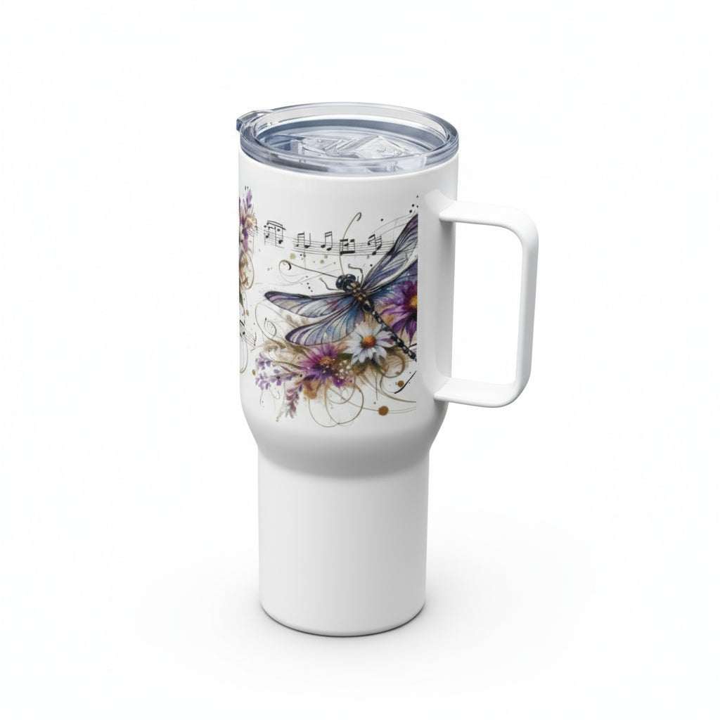 White stainless steel travel mug with handle featuring dragonfly and floral design, double-insulated for hot and cold drinks.