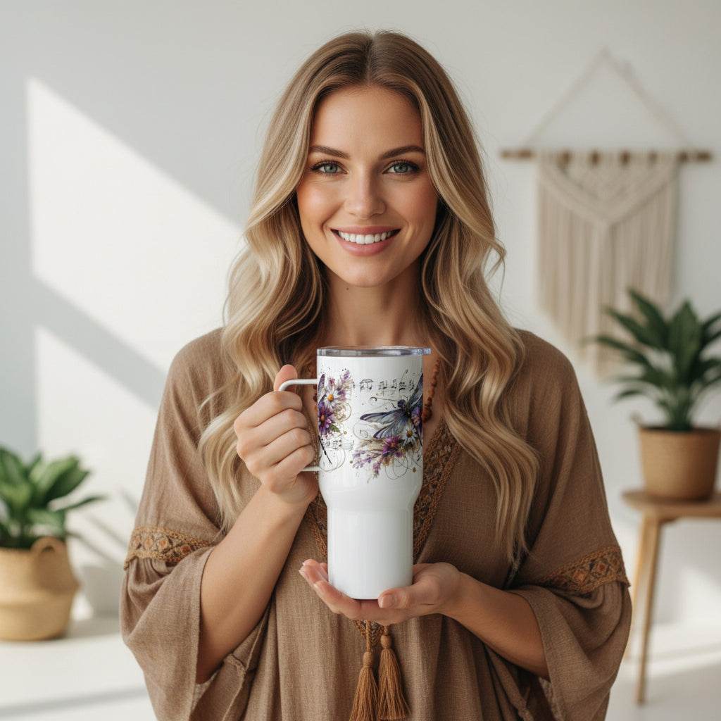 Woman holding a white travel mug with handle featuring a dragonfly and floral design in a bright room