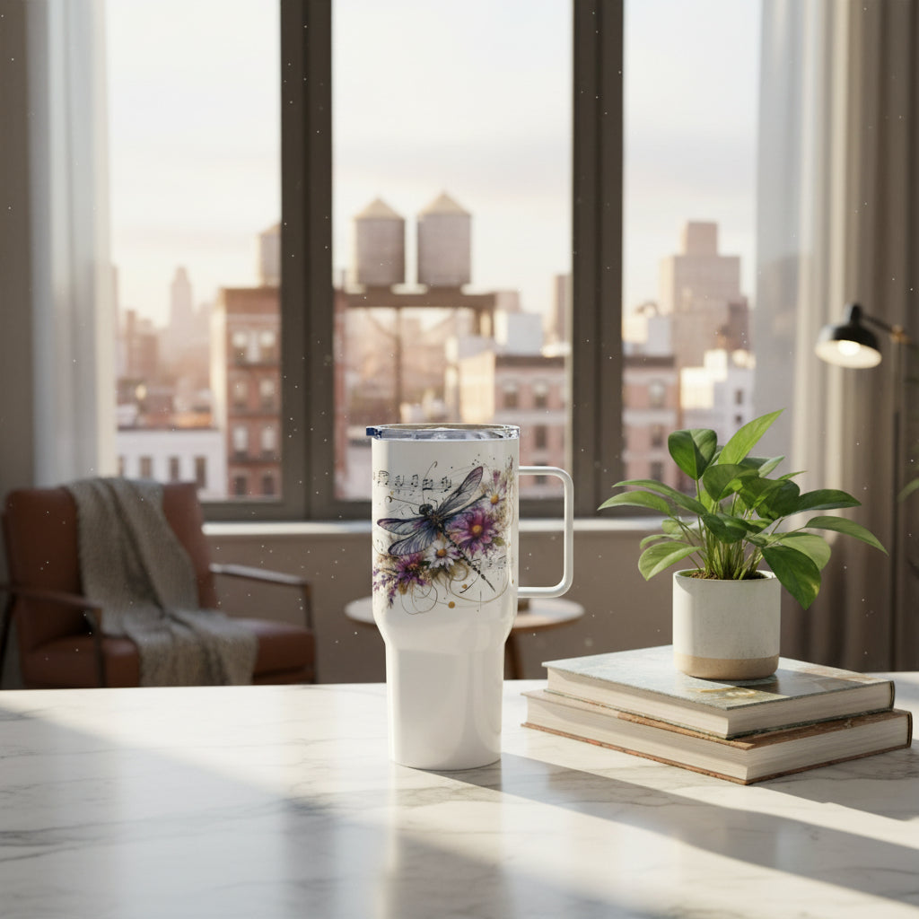 Travel Mug met handvat en libelle design, dubbelwandig geïsoleerde reisbeker voor warme en koude dranken