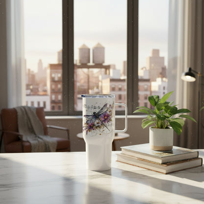 Travel Mug met handvat en libelle design, dubbelwandig geïsoleerde reisbeker voor warme en koude dranken