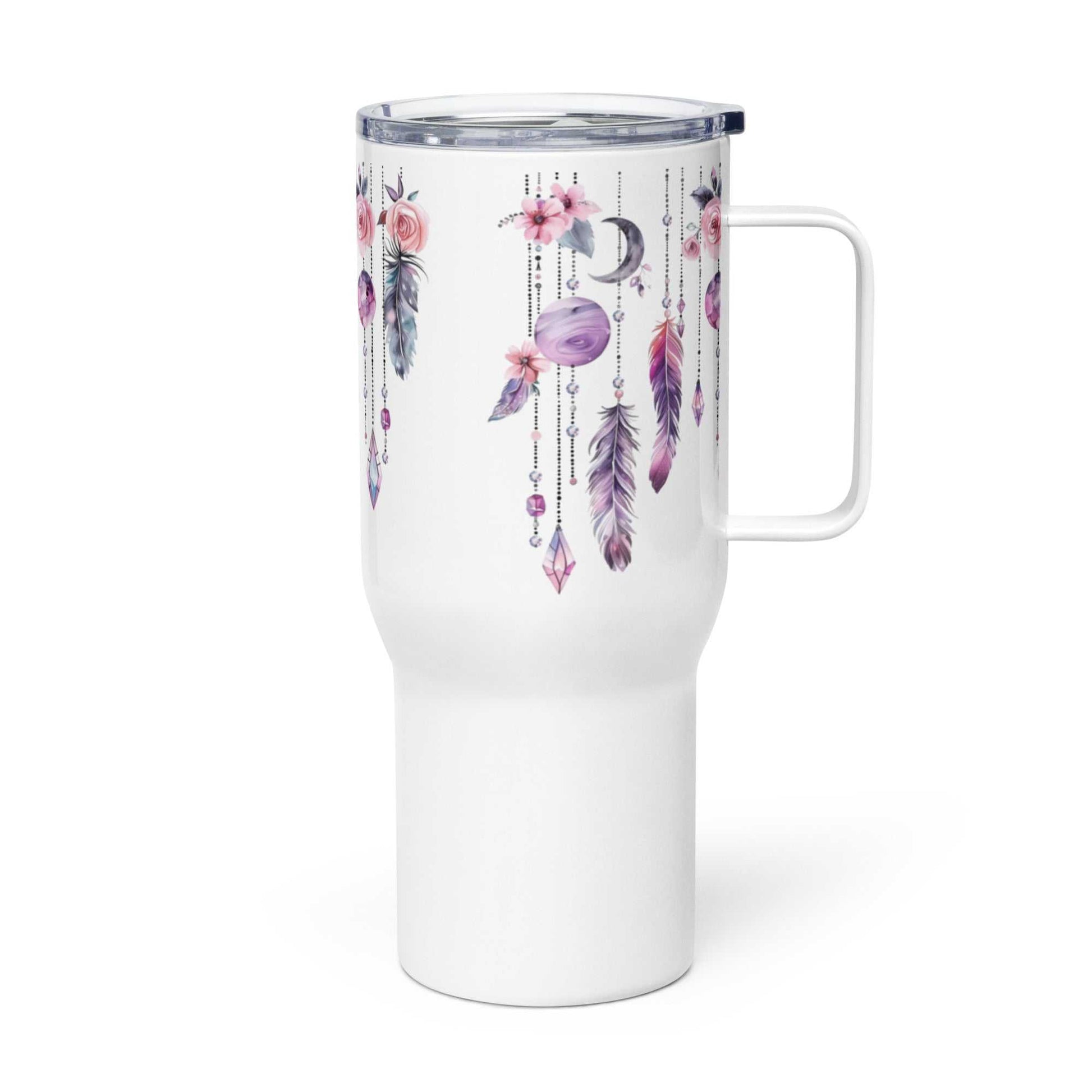 Travel mug met boho veren en bloemen print, dubbelwandig geïsoleerde reismok van roestvrij staal.