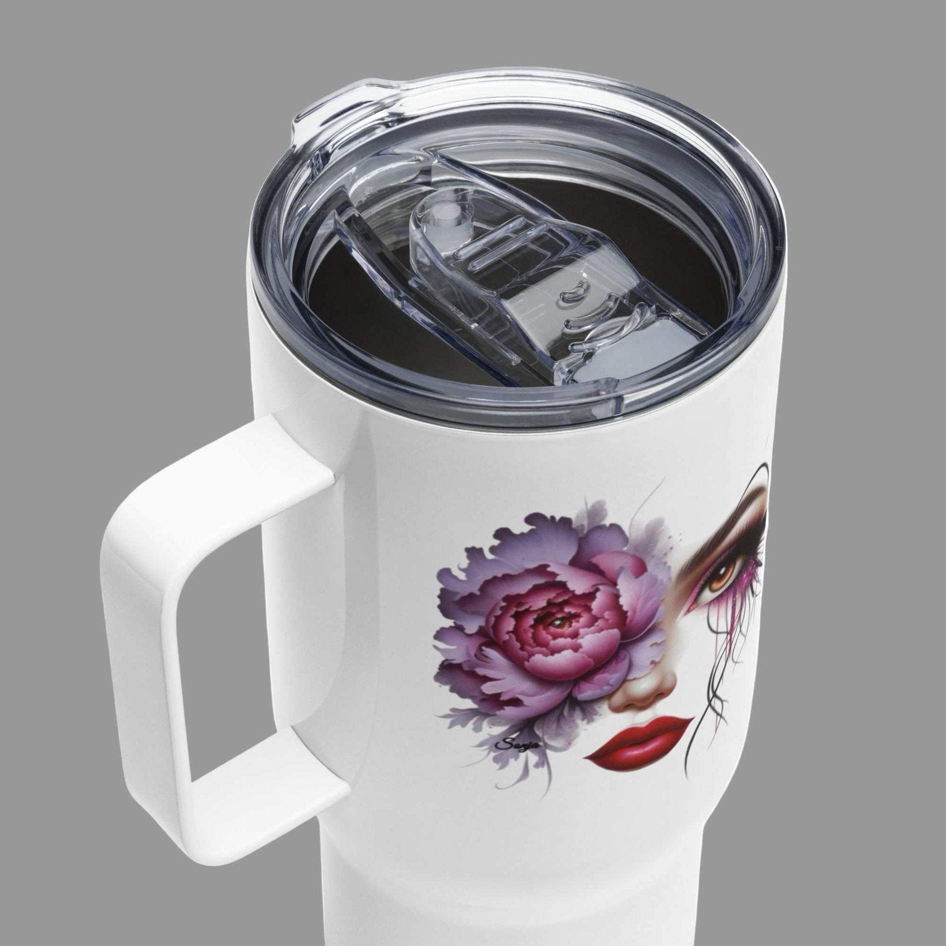 White Floral Face Travel Mug with artistic feminine face and pink flower design, clear plastic lid, stainless steel tumbler with handle