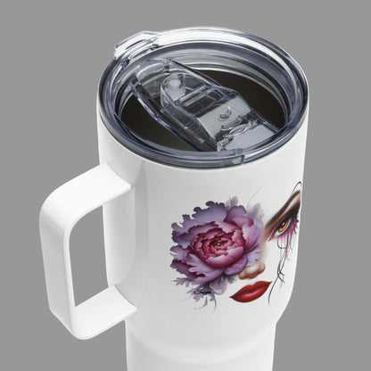 White Floral Face Travel Mug with artistic feminine face and pink flower design, clear plastic lid, stainless steel tumbler with handle