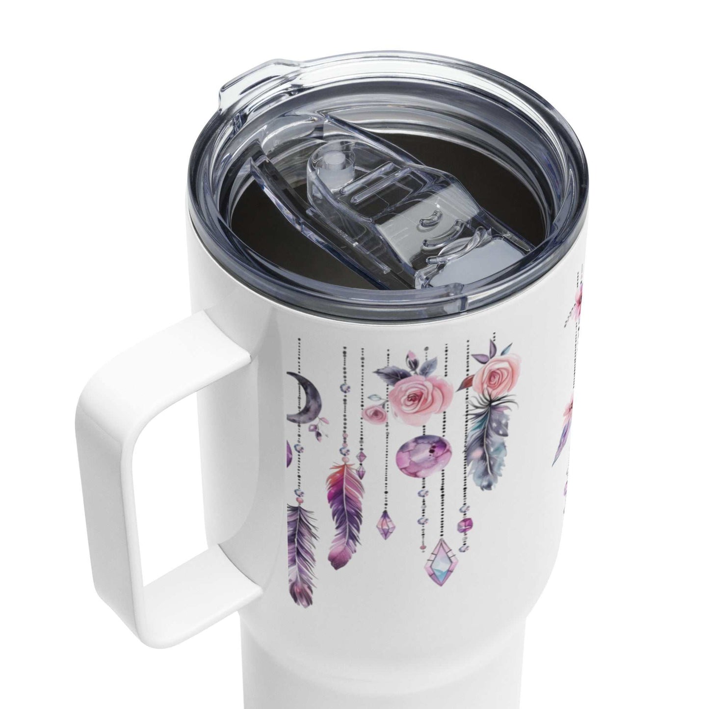 White insulated travel mug with boho feather and floral art, clear lid, and handle, 25oz capacity