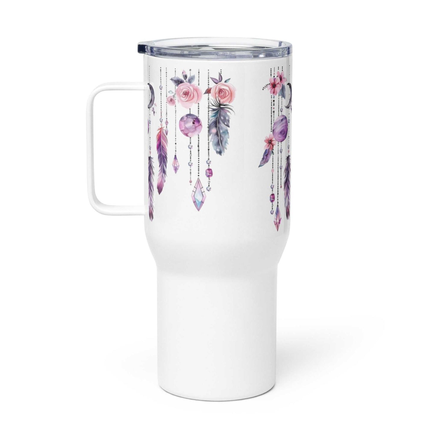 Witte travel mug met boho veren en bloemen print, dubbelwandige isolatie, ideaal voor warme en koude dranken, roestvrij staal en BPA-vrij