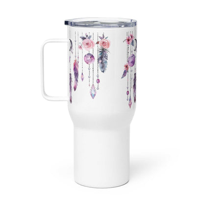 White travel mug with boho feather and floral watercolor art, insulated stainless steel, 25oz capacity, with handle and clear lid.