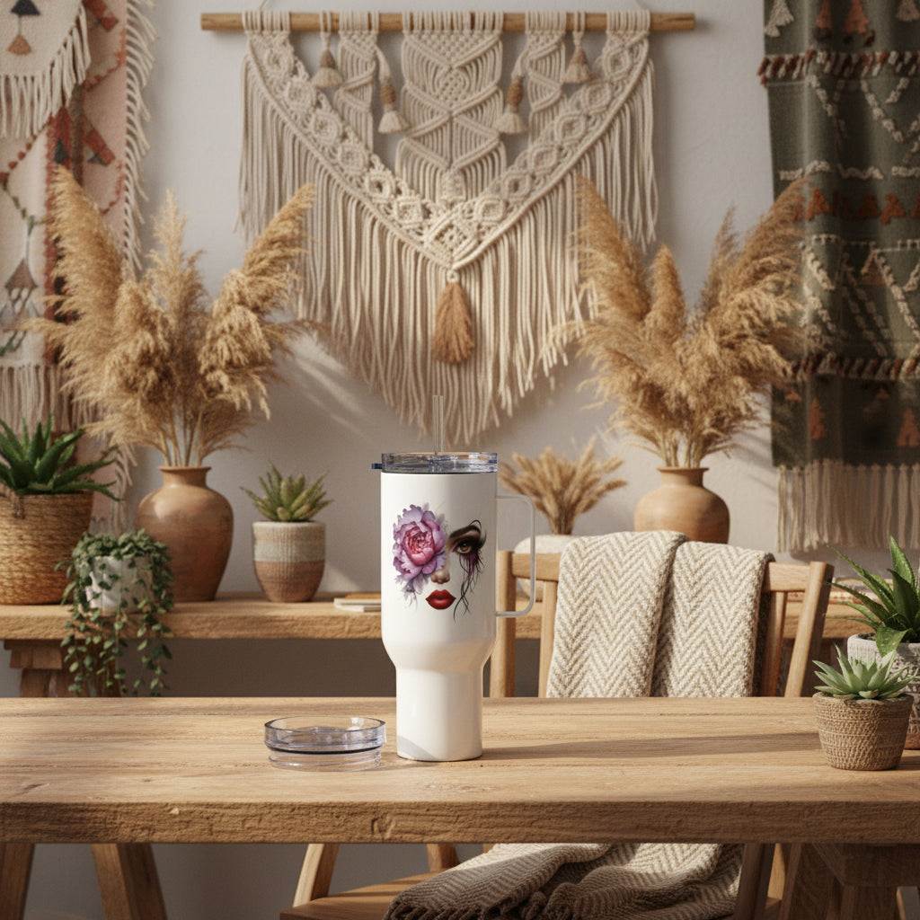 White Floral Face Travel Mug with feminine face and blooming florals on wooden table in boho decor setting