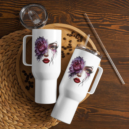 White Floral Face Travel mug with feminine face and purple flower design, stainless steel, reusable straw and lid options.