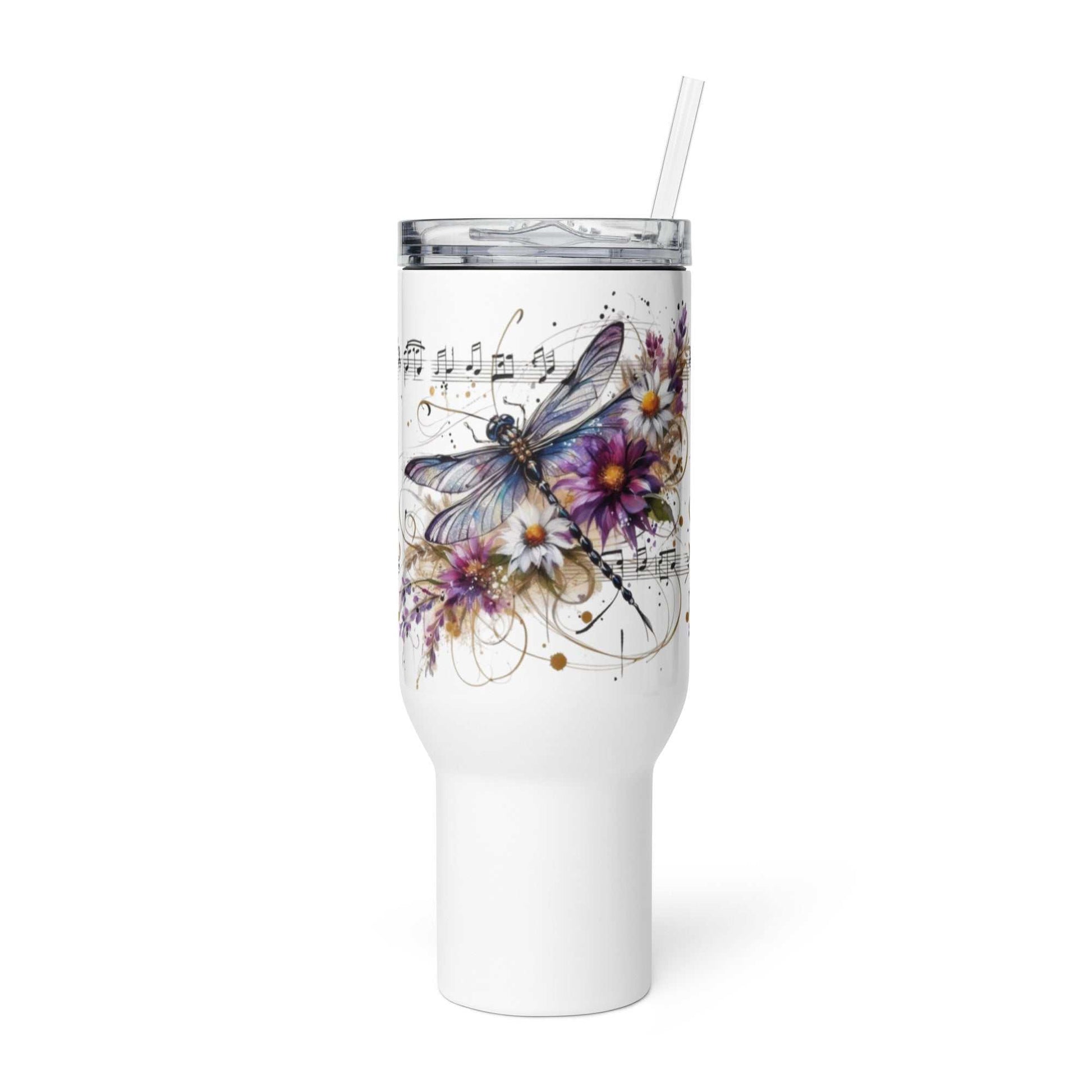 White travel mug with handle featuring a dragonfly and floral design, stainless steel, with clear lid and straw
