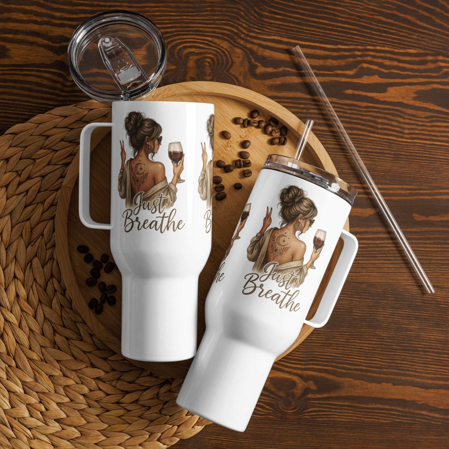 White travel mugs with handle featuring "Just Breathe" text and a woman holding a glass, with clear lids and coffee beans on wooden surface
