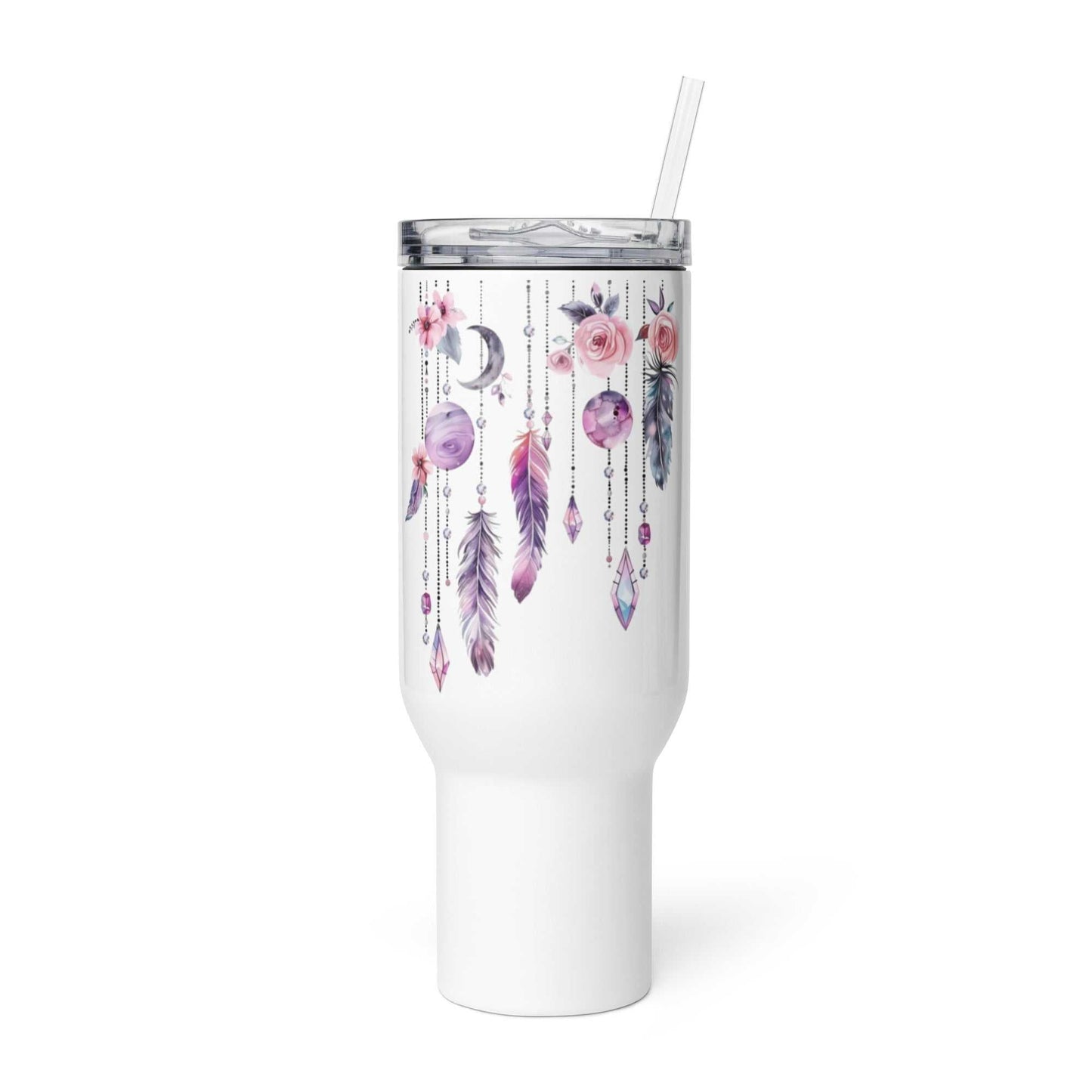 Witte travel mug met boho veren en bloemen design, dubbelwandige isolatie en herbruikbaar rietje
