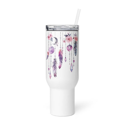 White insulated travel mug with boho feather and floral watercolor art, 40oz with straw and screw-on lid