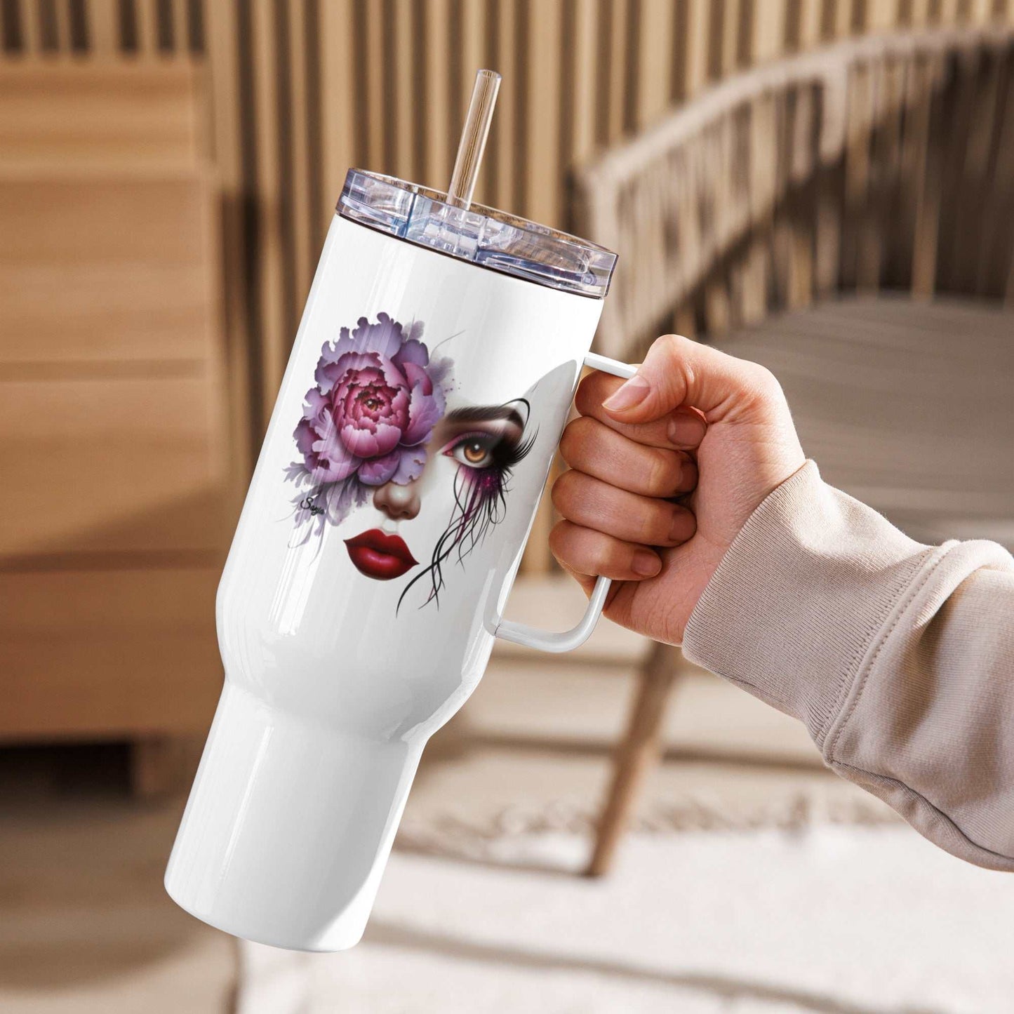 White glossy Floral Face Travel Mug with artistic feminine face and blooming flowers, stainless steel, reusable straw, hand-held.