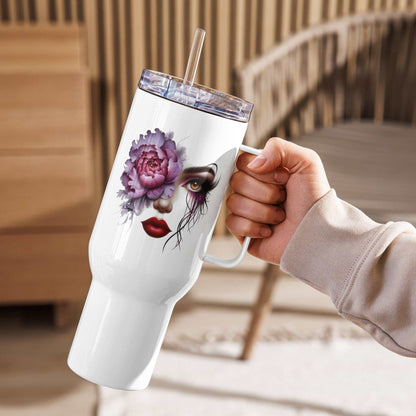 White glossy Floral Face Travel Mug with artistic feminine face and blooming flowers, stainless steel, reusable straw, hand-held.