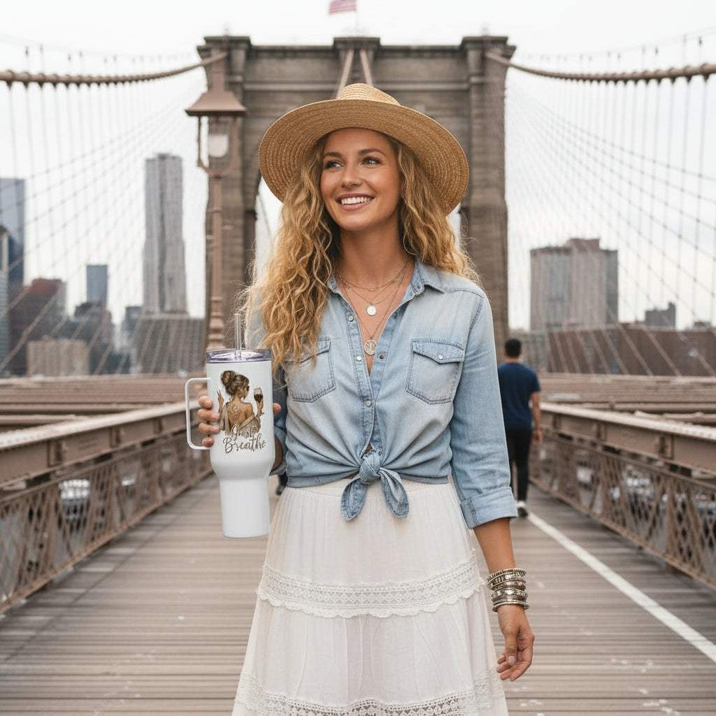 Woman holding a stylish Just Breathe travel mug with handle on Brooklyn Bridge walkway
