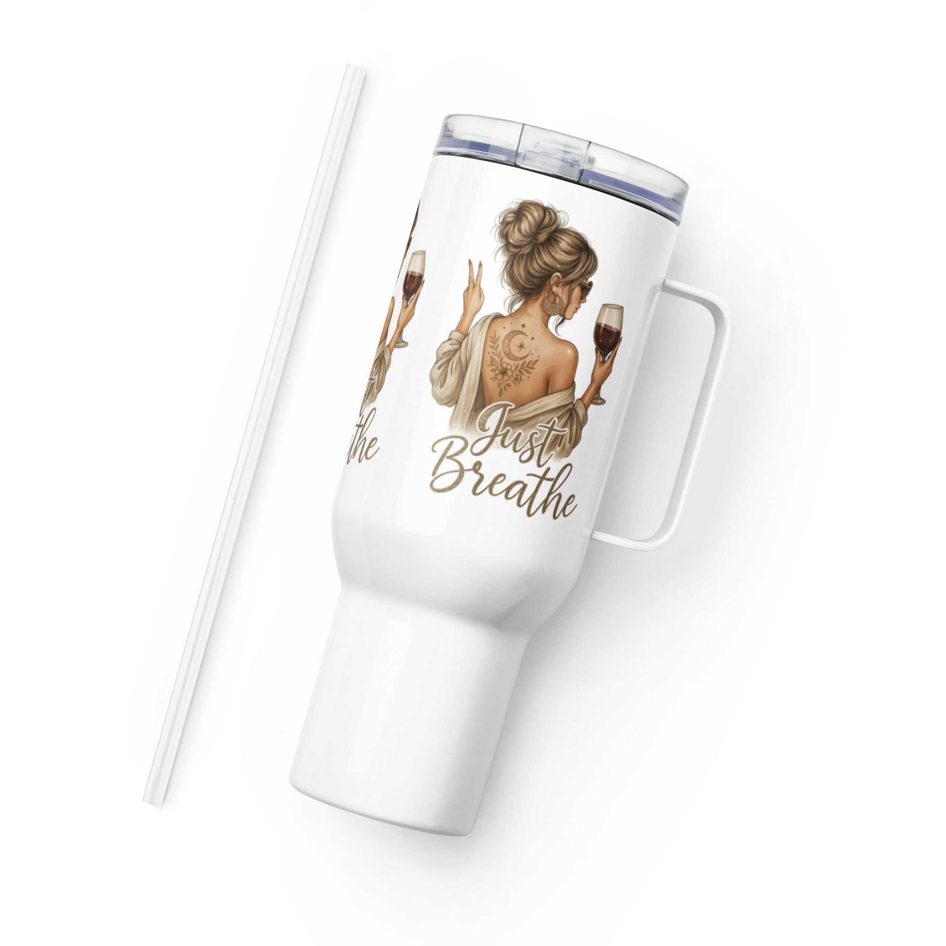 white travel mug with handle and "Just Breathe" text featuring woman illustration and a clear lid with straw