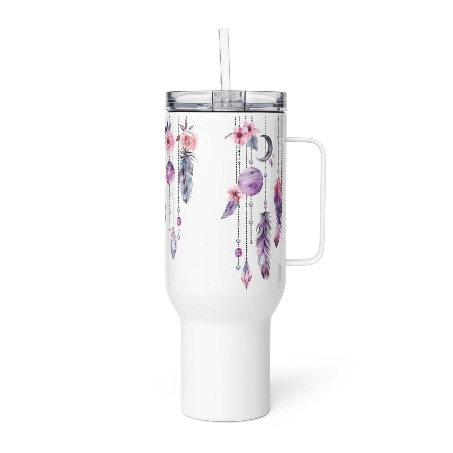 Witte travel mug met boho veren en bloemen, dubbelwandige isolatie, roestvrij staal en herbruikbaar rietje