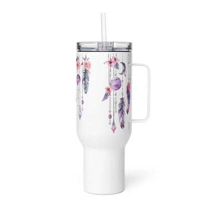 Witte travel mug met boho veren en bloemen, dubbelwandige isolatie, roestvrij staal en herbruikbaar rietje