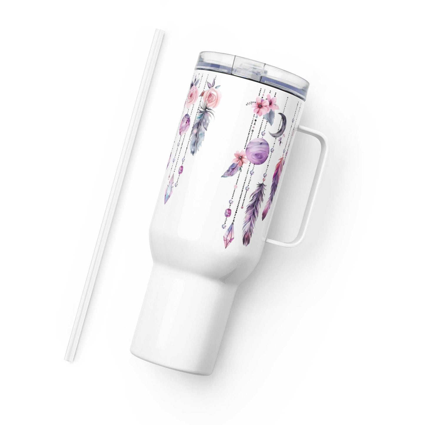 White travel mug with boho feather and floral art, 25oz, insulated with plastic lid and straw, stylish and practical for hot and cold drinks.