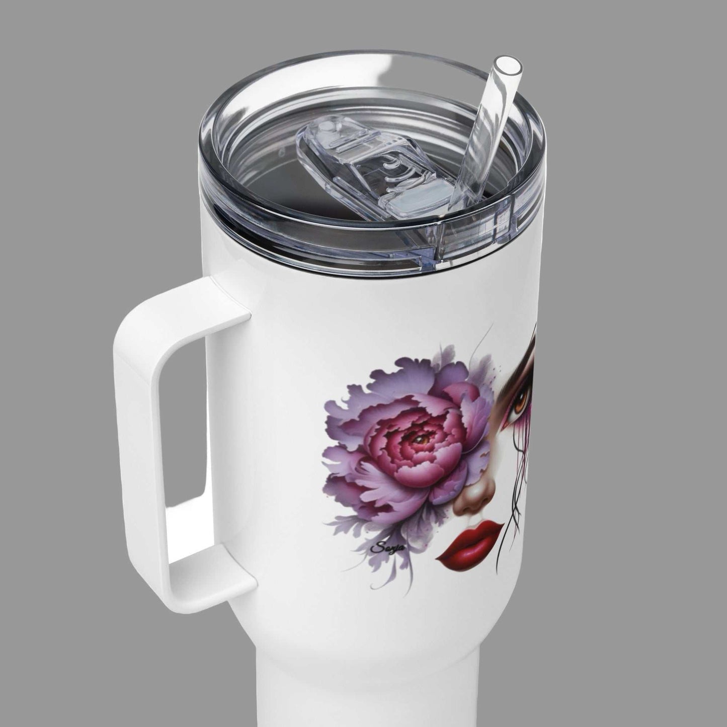 White Floral Face Travel Mug with purple flower and red lips design, clear lid, handle, and reusable straw.