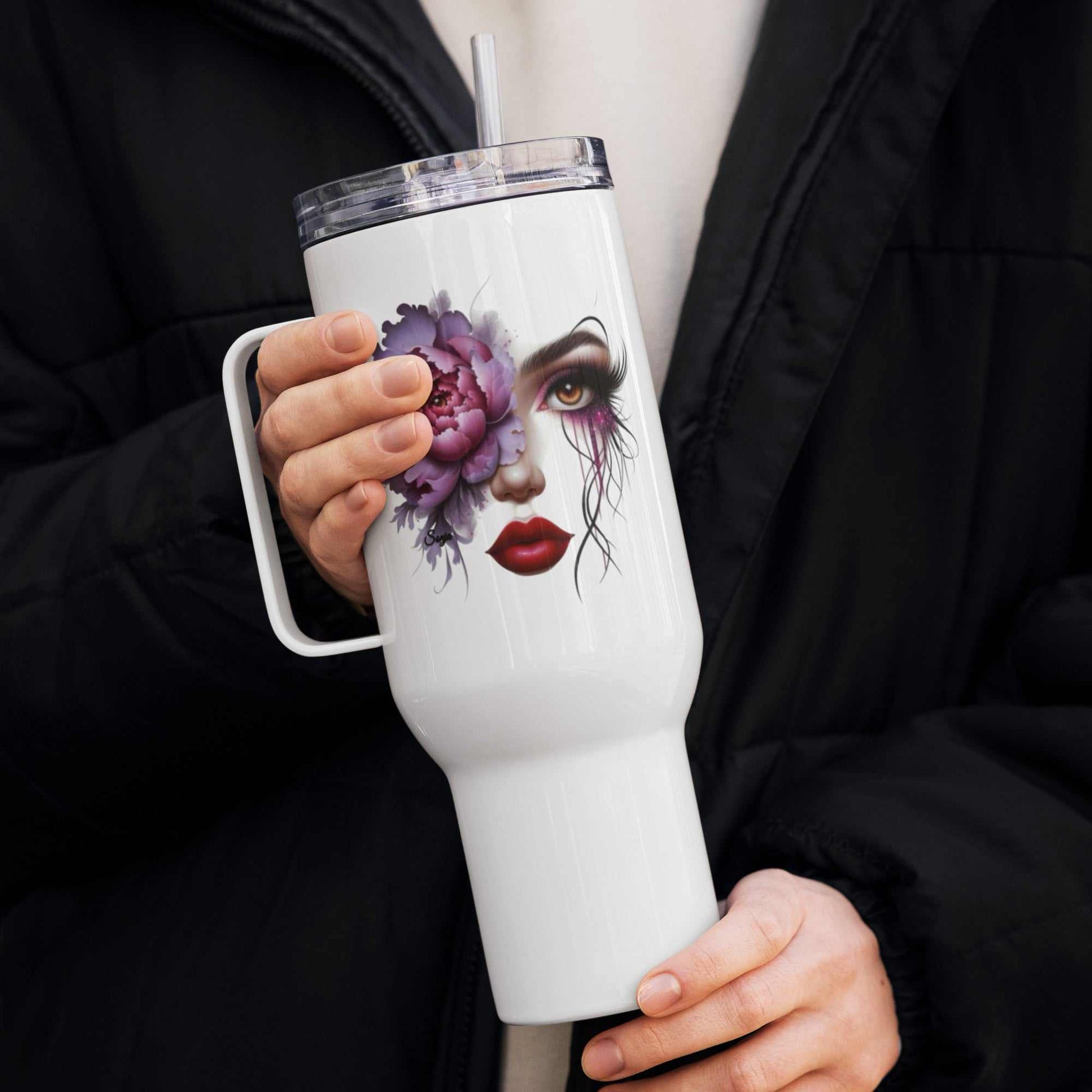 White Floral Face Travel Mug with artistic feminine face and purple flowers, stainless steel tumbler with handle and reusable straw.