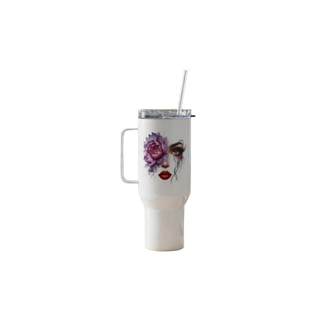Floral Face Travel Mug with artistic feminine face and blooming florals, stainless steel tumbler with handle and reusable straw on office desk