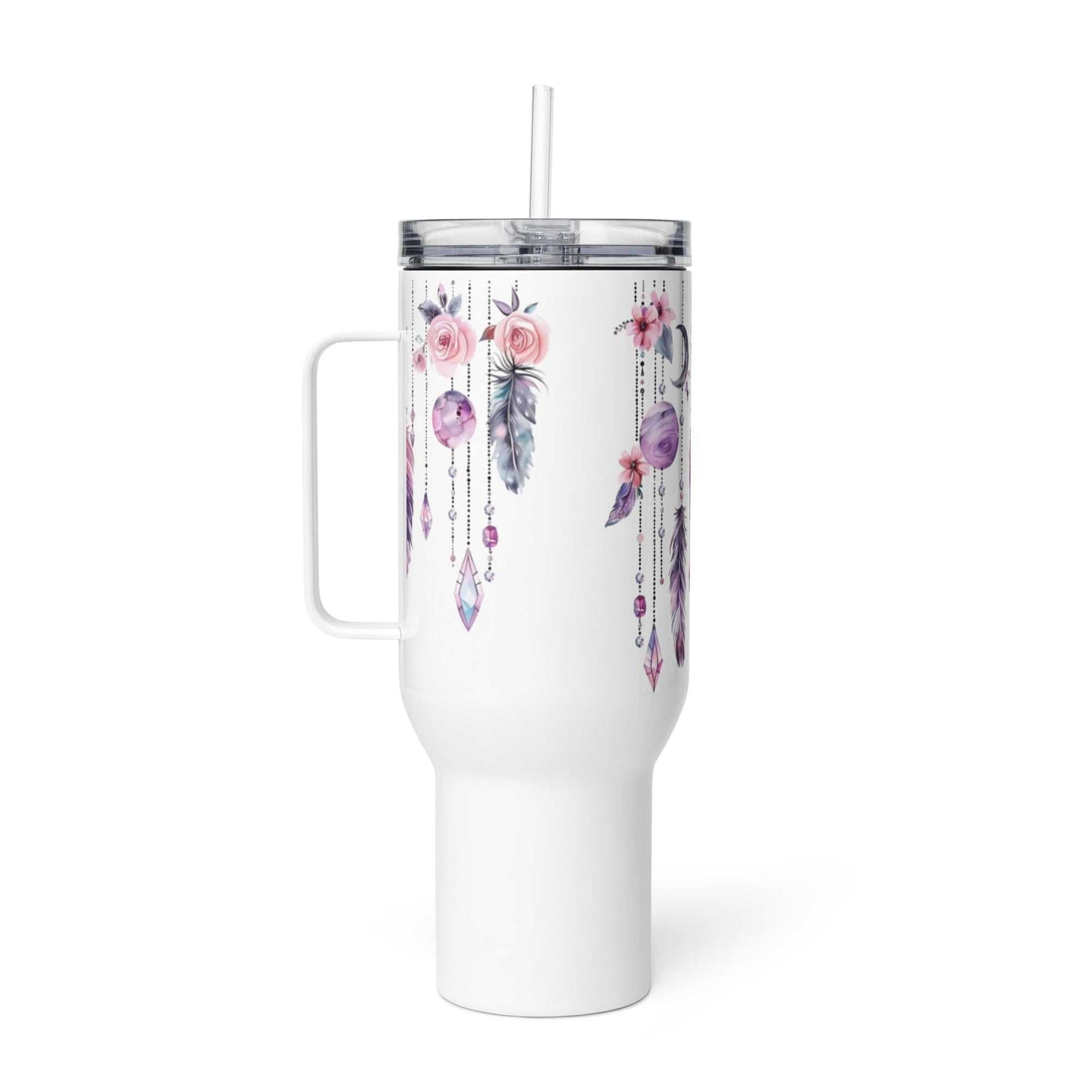 witte travel mug met boho veren en bloemen print, dubbelwandige isolatie en handvat