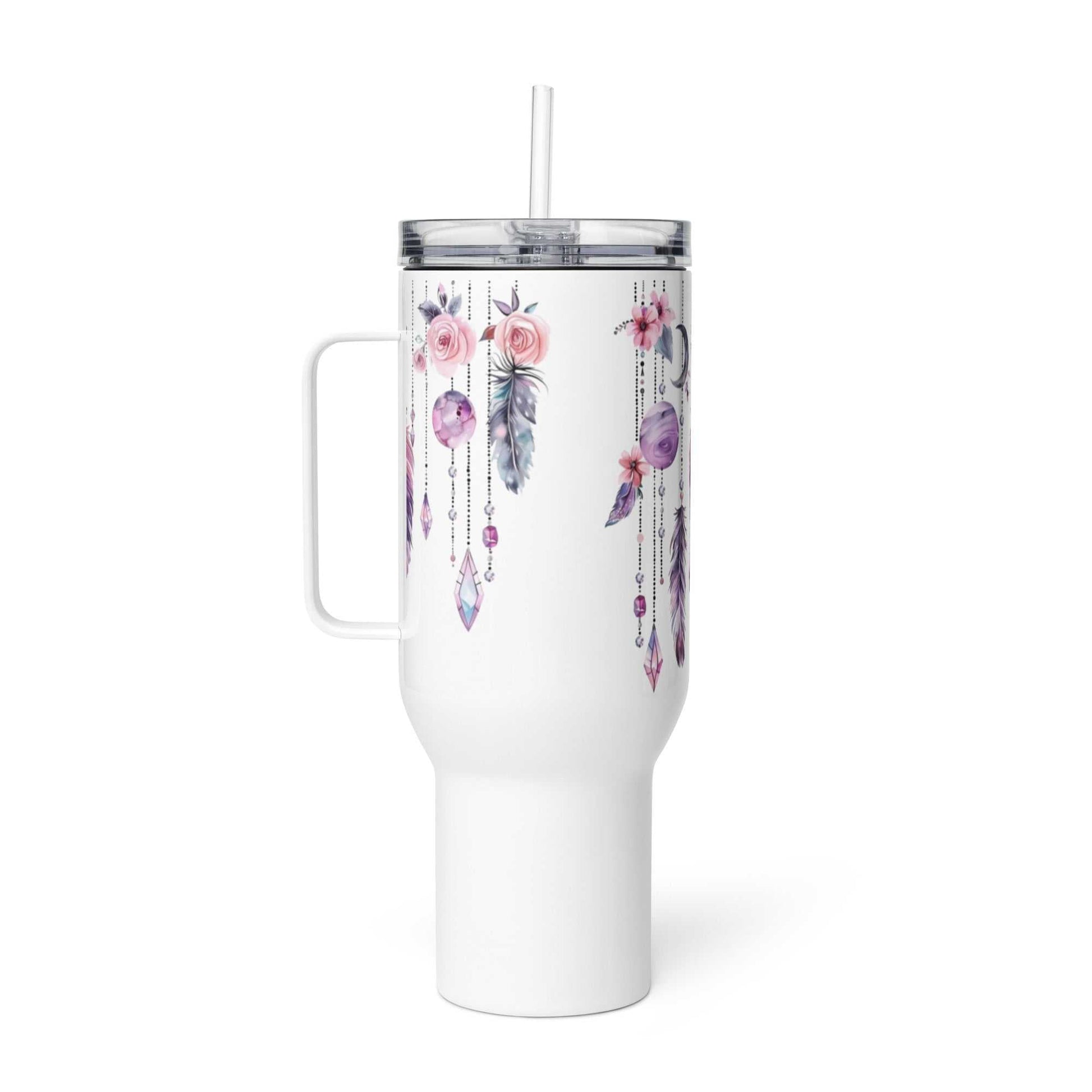 witte travel mug met boho veren en bloemen print, dubbelwandige isolatie en handvat
