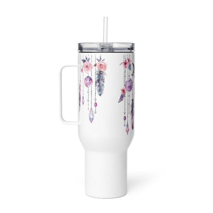 witte travel mug met boho veren en bloemen print, dubbelwandige isolatie en handvat