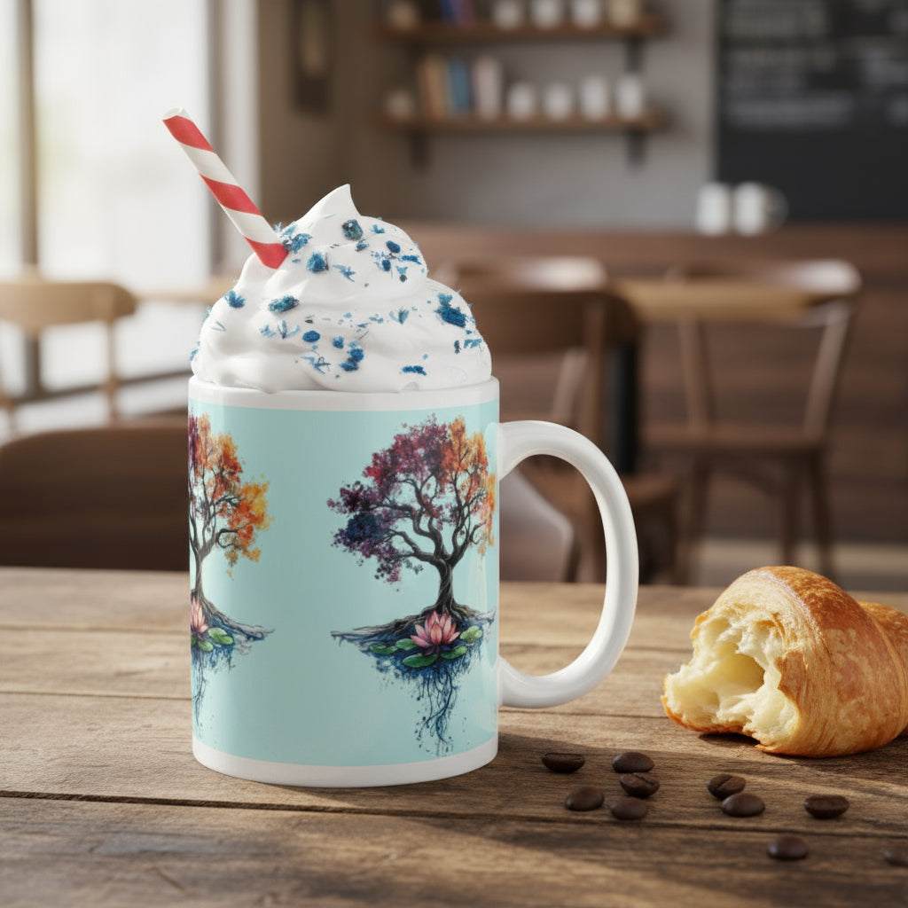 White glossy ceramic mug with colorful Tree of Life energy artwork, filled with whipped cream and a striped straw, on a wooden table with croissant and coffee beans