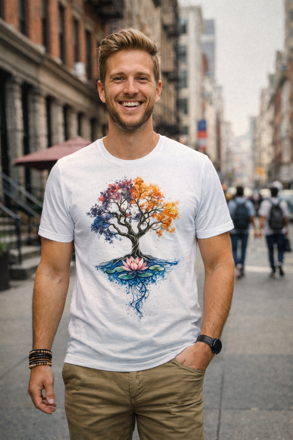 Duurzaam unisex Tree of Life Energy Flow T-shirt van biologisch katoen met kleurrijke levensboom print voor balans en spirituele energie.