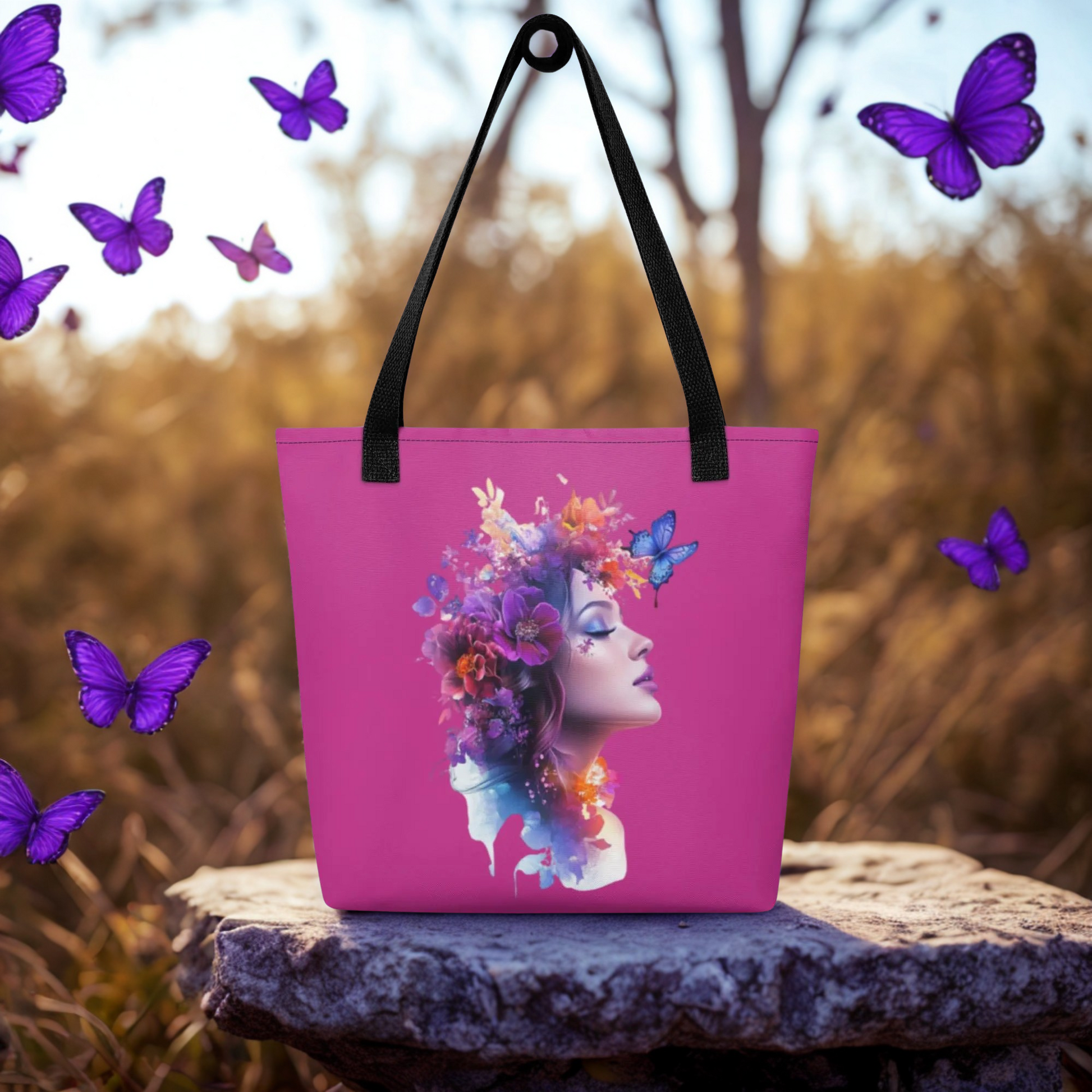 Mystic Butterfly Tote Bag with vibrant female profile and butterflies on pink background, eco-friendly and spacious design