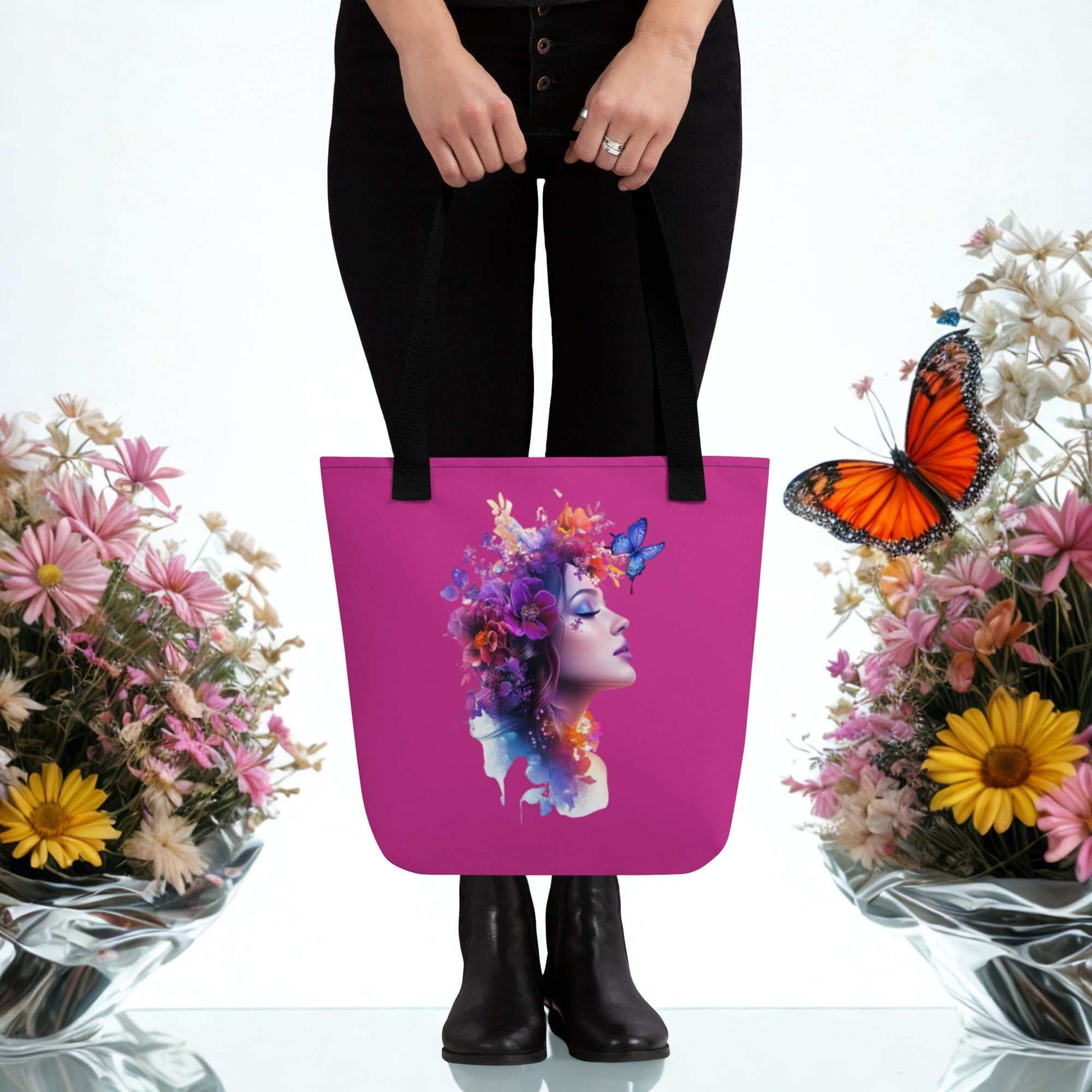 Mystic Butterfly Tote Bag with vibrant butterfly and floral design, eco-friendly and spacious purple tote