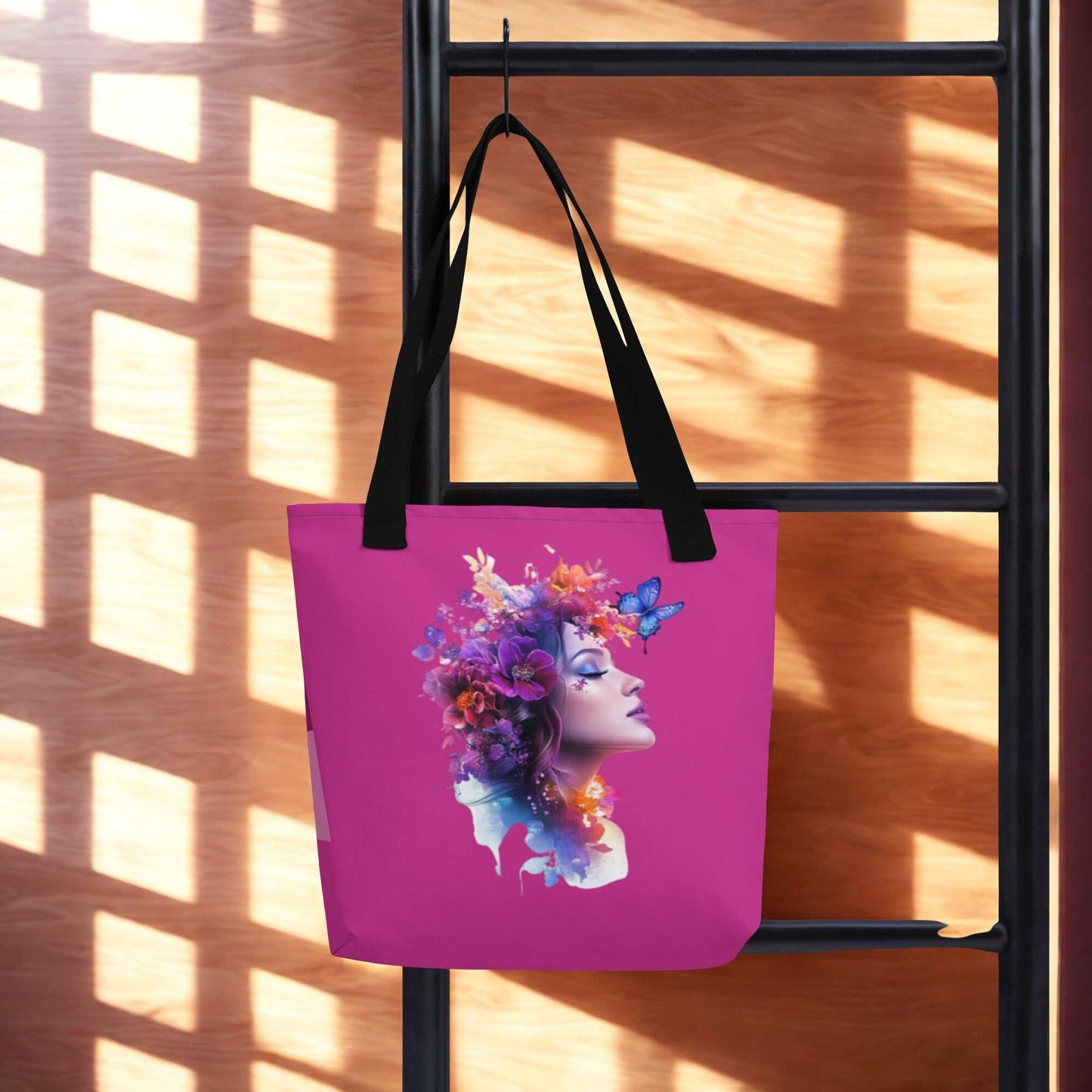 Mystic Butterfly Tote Bag with purple background and artistic woman and butterfly design, eco-friendly reusable shopping bag