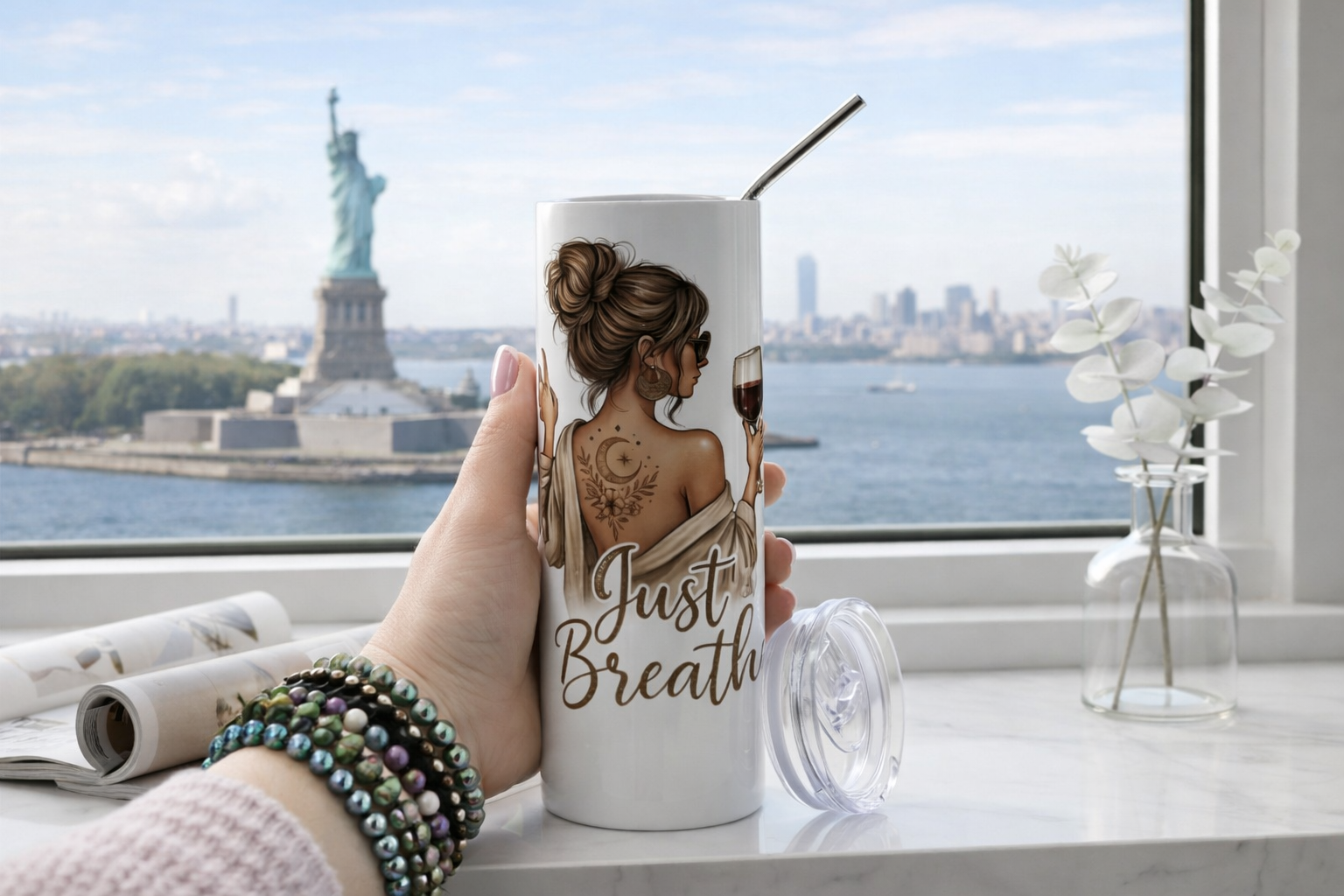 roestvrijstalen drinkbeker Just Breathe met illustratie en rietje, houdt dranken warm of koud, duurzaam en stijlvol design