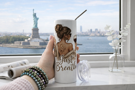 roestvrijstalen drinkbeker Just Breathe met illustratie en rietje, houdt dranken warm of koud, duurzaam en stijlvol design