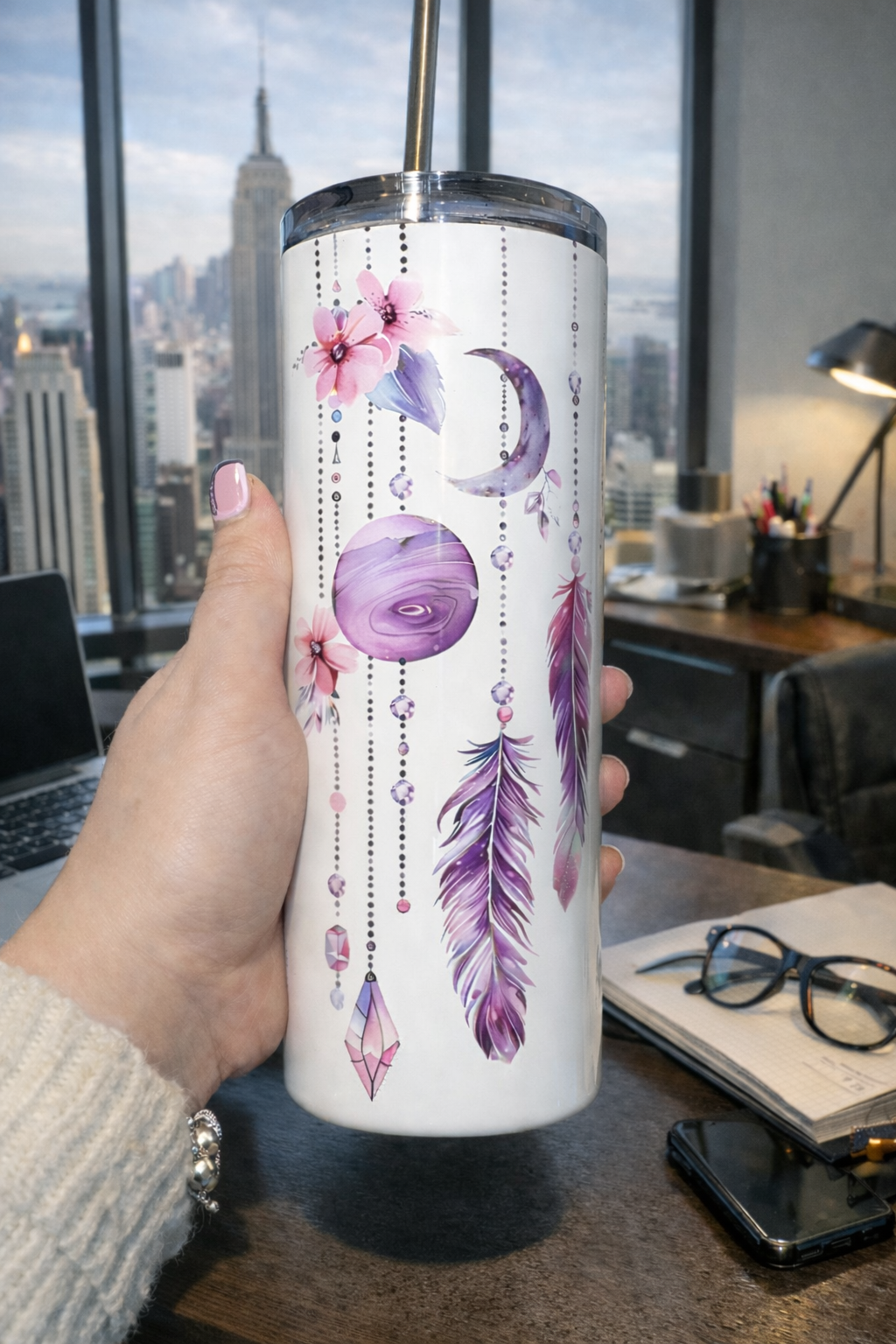 roestvrijstalen drinkbeker met dreamcatcher design en herbruikbaar rietje, 600 ml thermosbeker