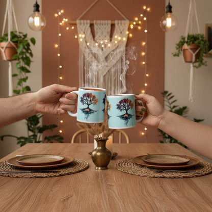 Two hands toasting with white glossy mugs featuring Tree of Life energy artwork on a cozy wooden table setting