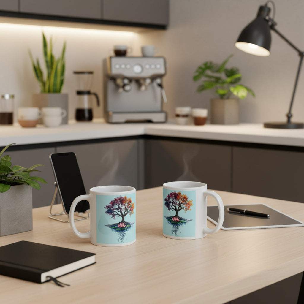 Two white glossy mugs with colorful Tree of Life artwork on a kitchen table with office items in the background