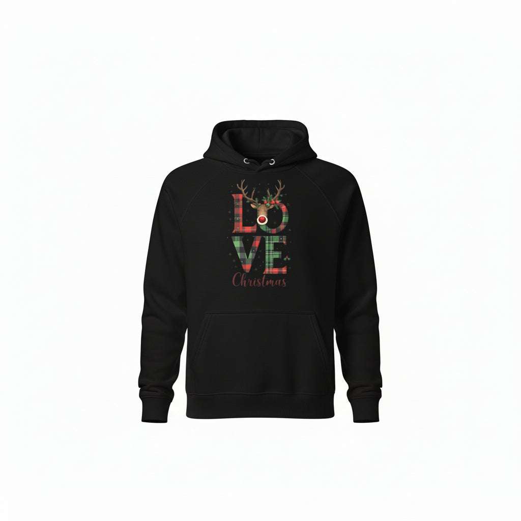 Love Christmas Unisex Eco Raglan Hoodie black with plaid LOVE and reindeer design in festive holiday setting