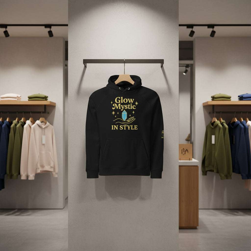 Black Glow Mystic in Style Hoodie with yellow graphic design hanging in modern clothing store interior