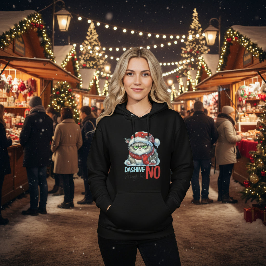 Woman wearing Dashing Through The NO Hoodie with grumpy cat Christmas design and holding folded hoodies in chirstmas market