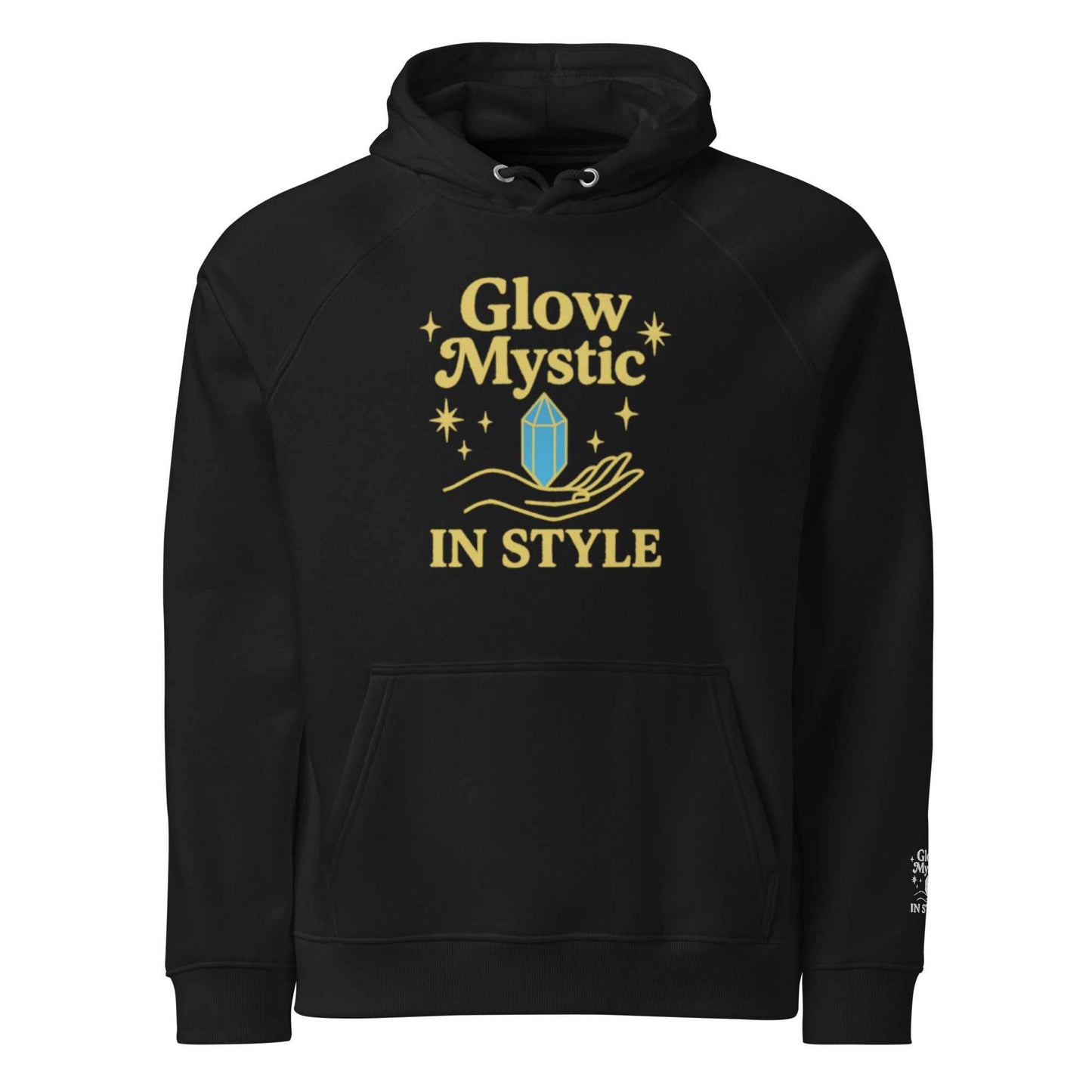 zwarte Glow Mystic in Style Hoodie met gouden urban graphic en comfortabele pasvorm van biologisch katoen