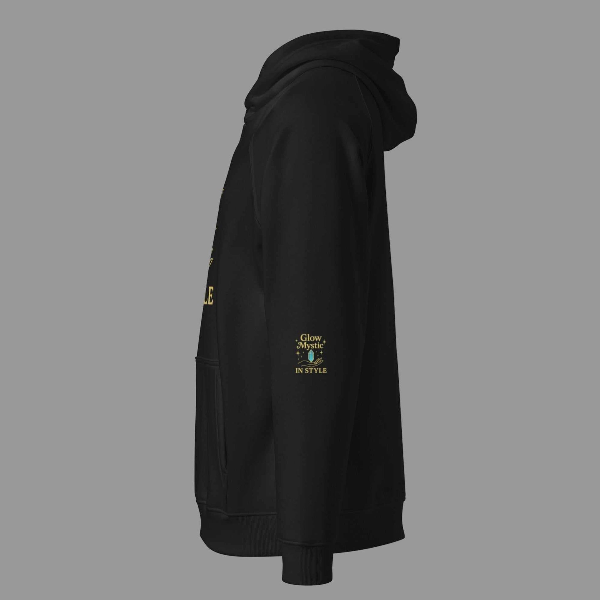 Glow Mystic in Style Hoodie black side view with graphic text and drawstring hood in premium organic cotton blend