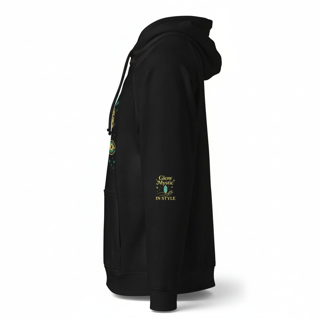 Love Christmas Unisex Eco Raglan Hoodie black side view with Glow Mystic in Style logo on sleeve