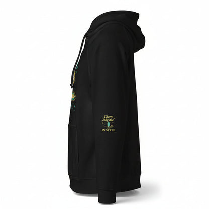 Love Christmas Unisex Eco Raglan Hoodie black side view with Glow Mystic in Style logo on sleeve