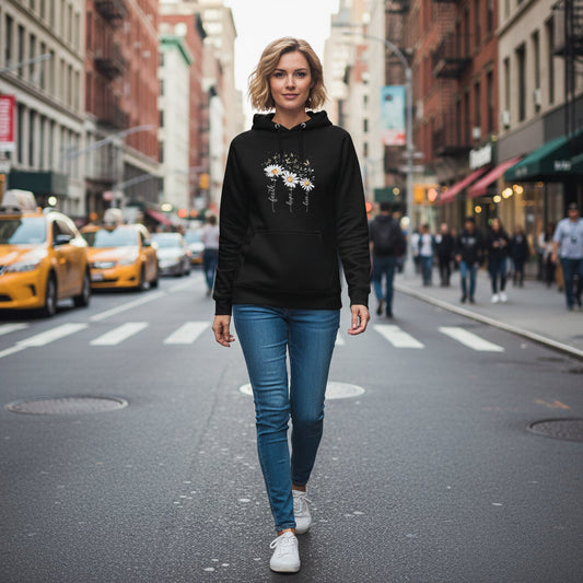 vrouw draagt zwarte unisex eco raglan hoodie met bloemmotief in stadsstraat, duurzame en comfortabele hoodie