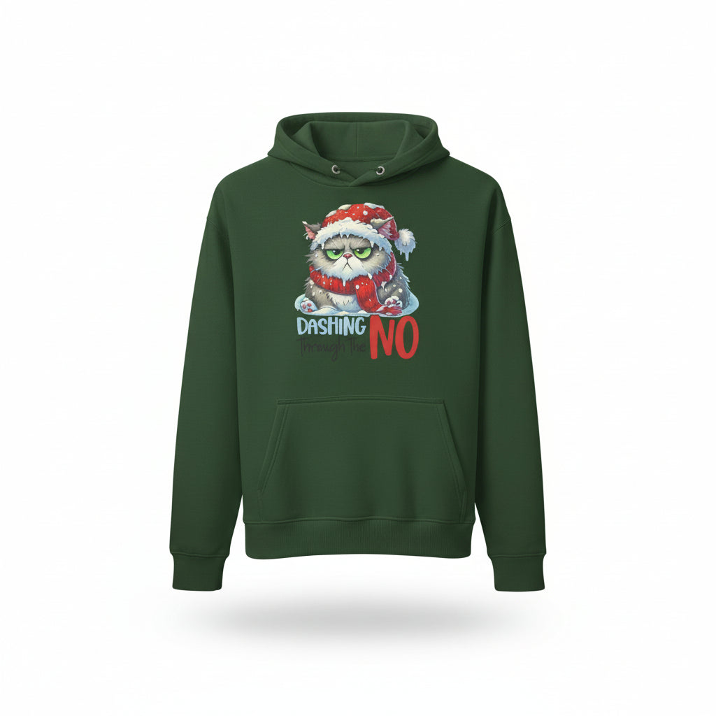 Green hoodie with grumpy cat wearing Santa hat and scarf, text "Dashing Through The NO" Christmas design
