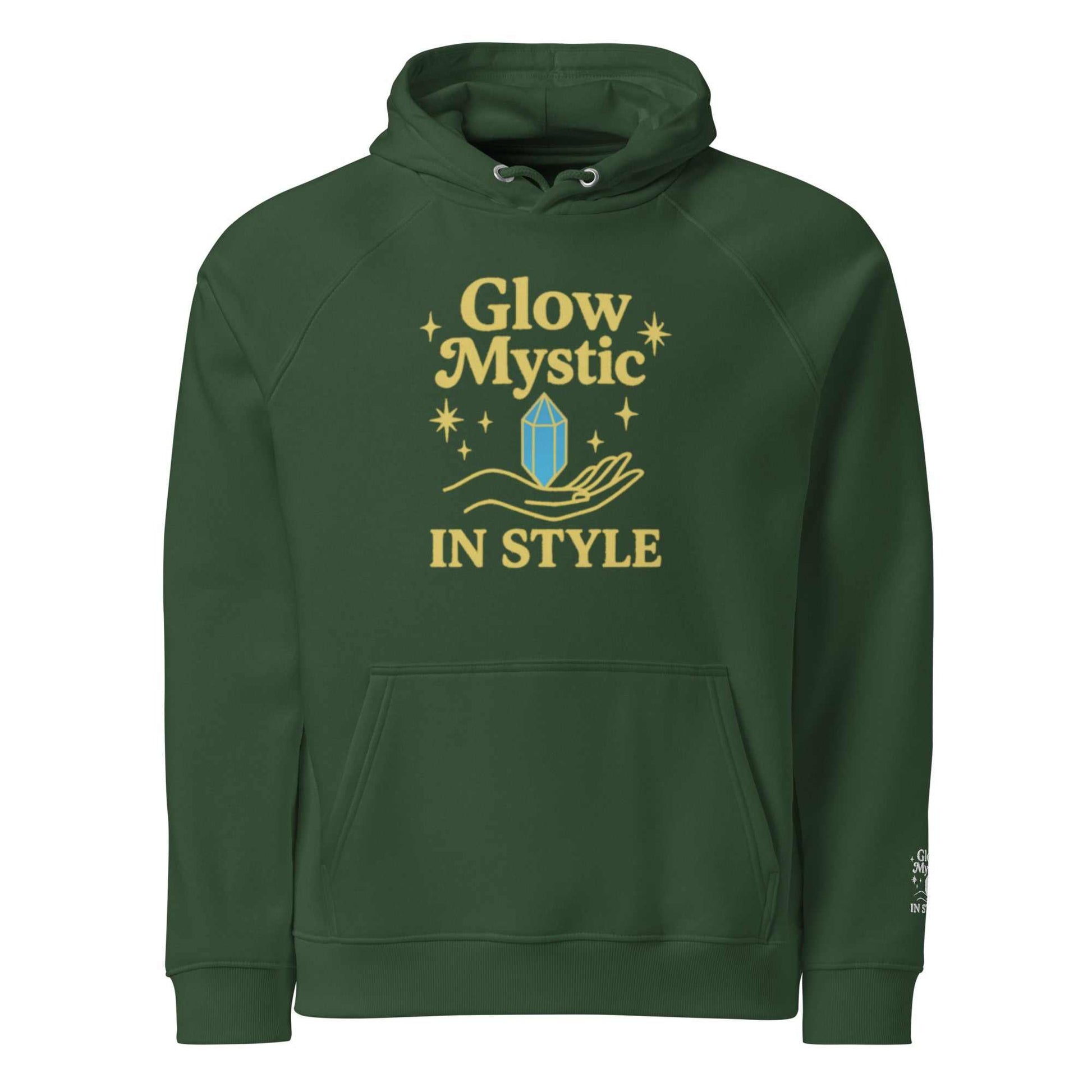donkergroene Glow Mystic in Style hoodie met geel mystiek ontwerp, biologisch en gerecycled materiaal, comfortabele urban streetwear