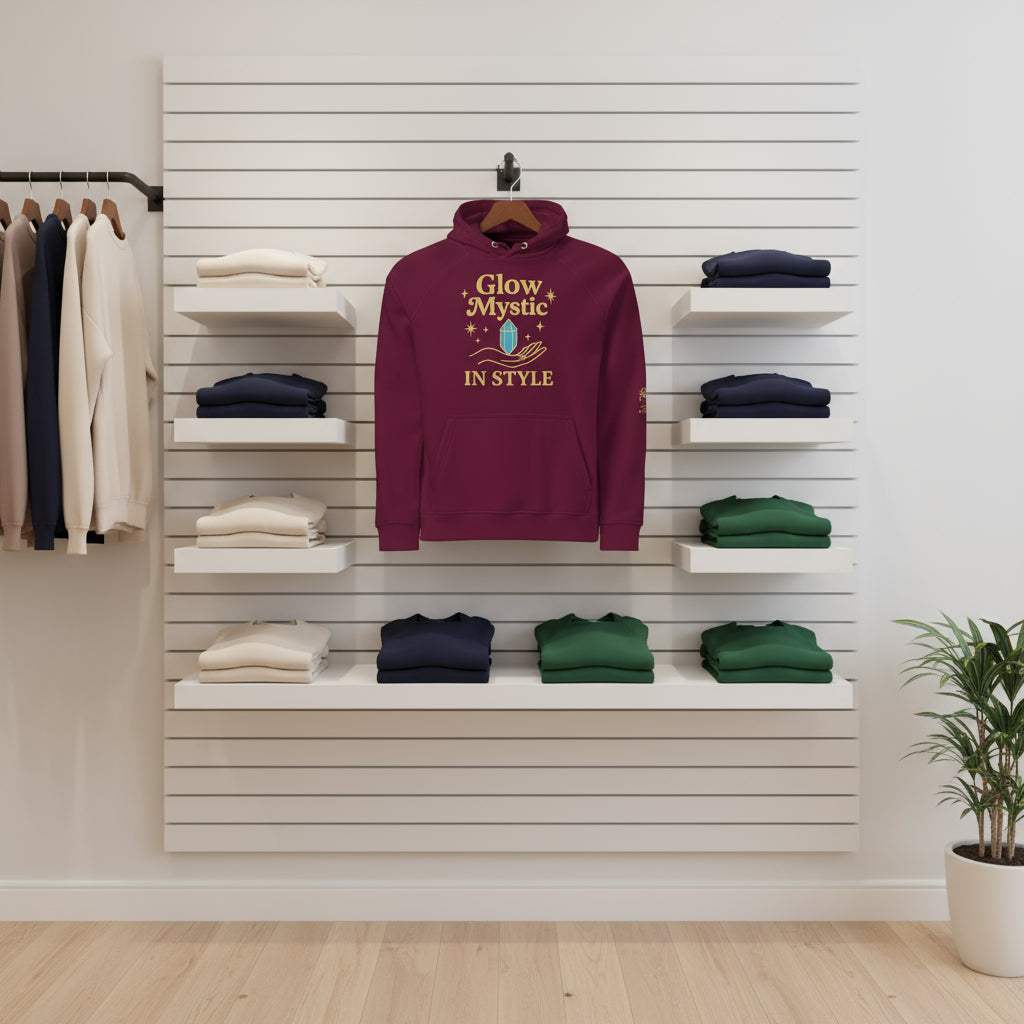 Glow Mystic in Style Hoodie burgundy with graphic print displayed on wall with folded hoodies on shelves in modern store